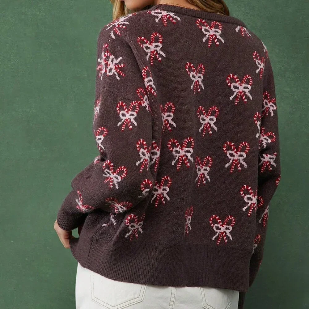 Multicolor Casual Women's Candy Cane Bows Pattern Crew Neck Long Sleeve Sweater